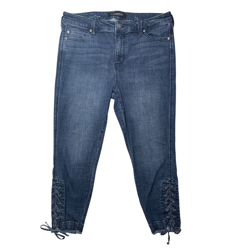 Liverpool Jeans Crop Lace Up Ankles Raw Hem Metal Grommets Skinny Blue Size 12